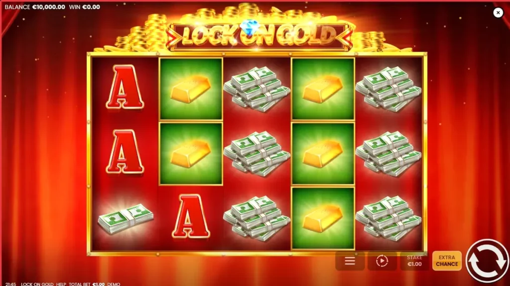 Tampilan visual slot Lock On Gold dengan tema kemewahan emas dan panggung teater