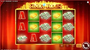 Tampilan visual slot Lock On Gold dengan tema kemewahan emas dan panggung teater