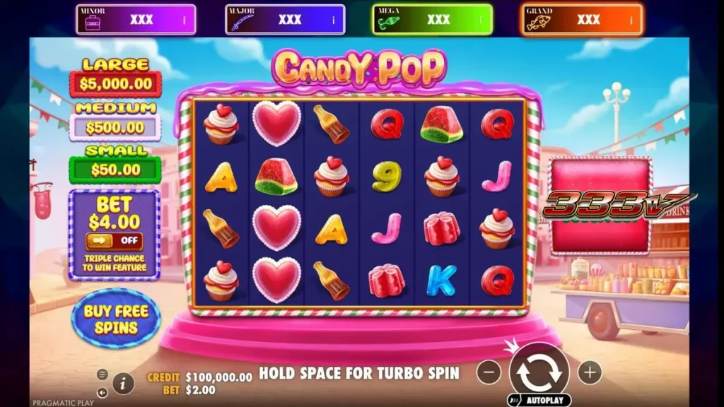 Tampilan visual slot Candy Pop dengan tema permen yang penuh warna