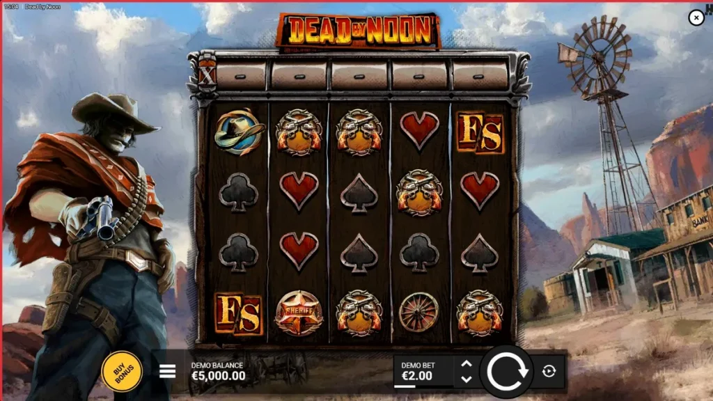 Tampilan visual slot Dead by Noon dengan tema Wild West yang gersang dan penuh aksi.