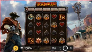 Tampilan visual slot Dead by Noon dengan tema Wild West yang gersang dan penuh aksi.